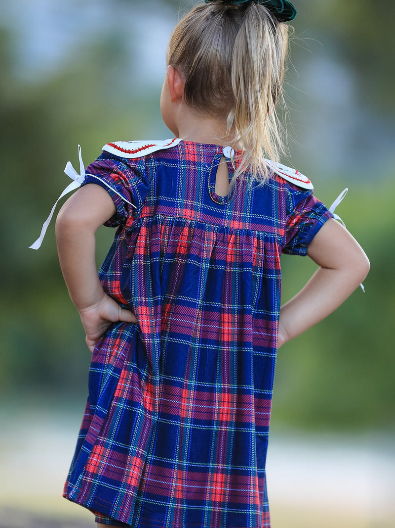 Navy Red Christmas Plaid Wreath Embroidered Girl Dress - 5