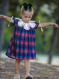 Navy Red Christmas Plaid Wreath Embroidered Girl Dress - 3