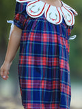 Navy Red Christmas Plaid Wreath Embroidered Girl Dress - 2