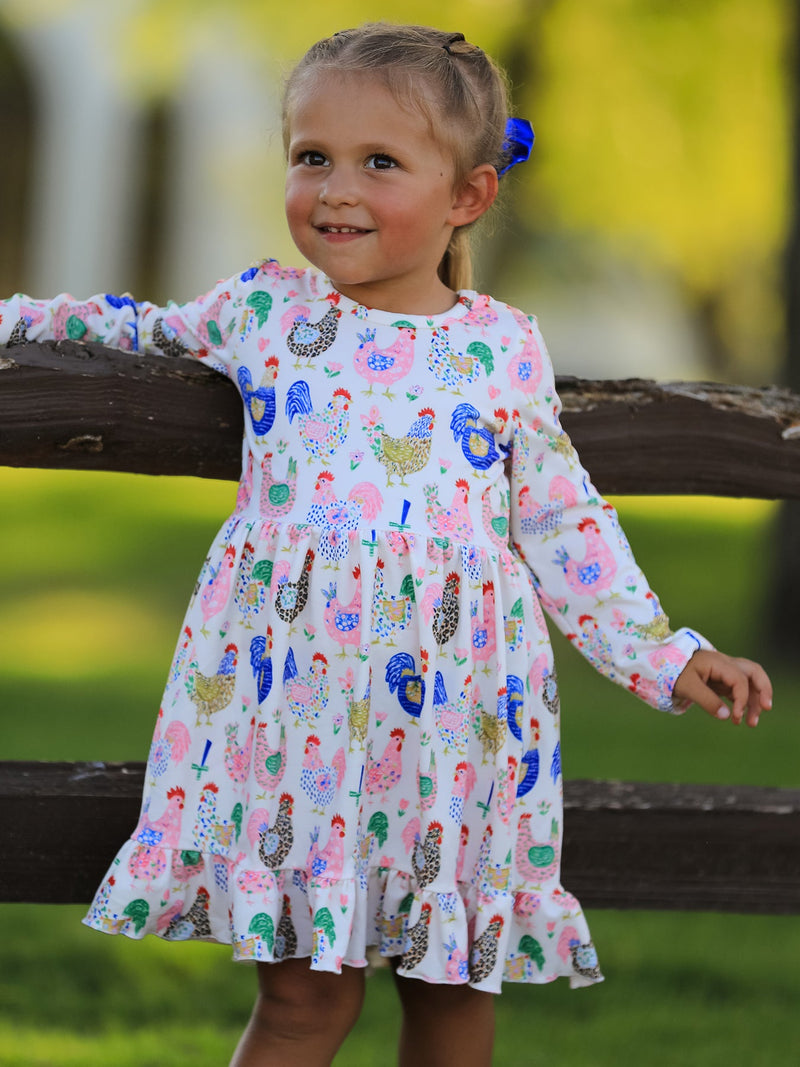Fall Farm Chicken Print Girls Ruffle Hem Twirl Dress - 2