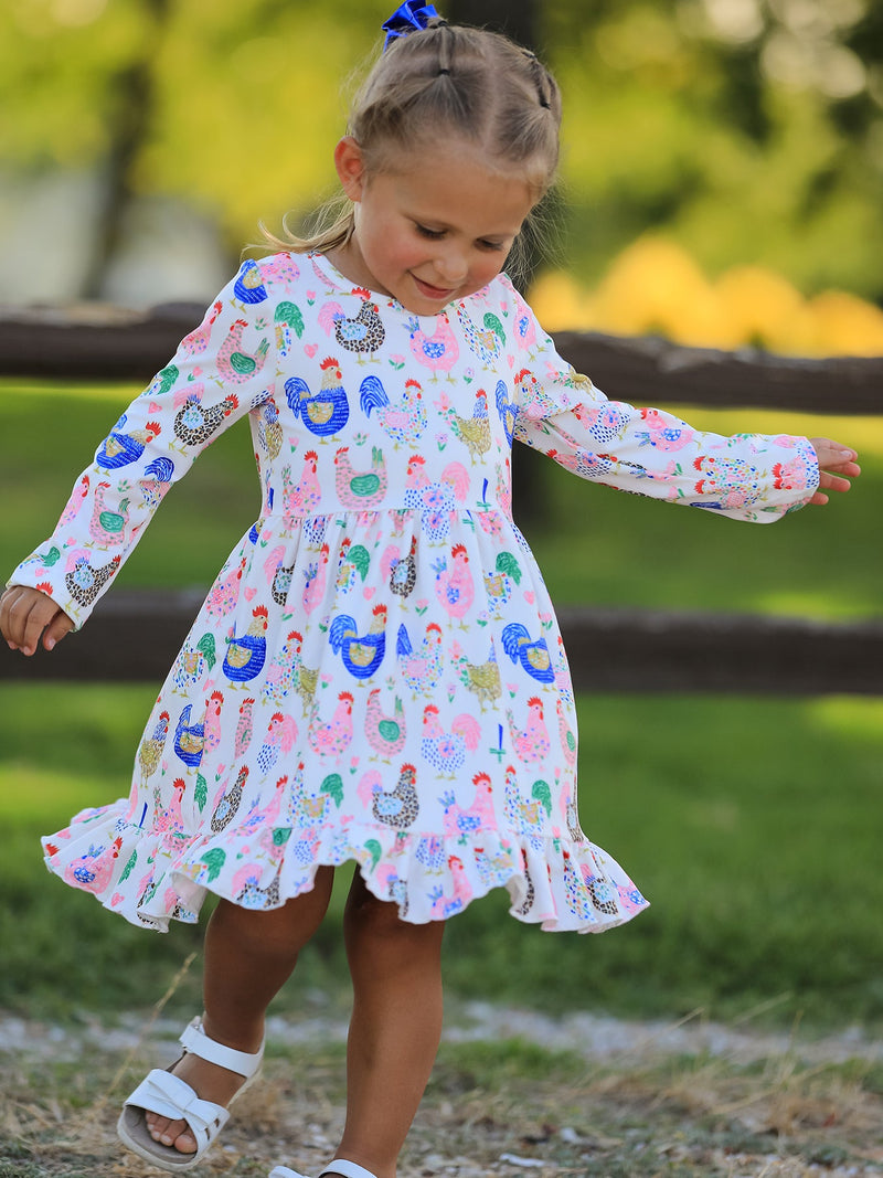 Fall Farm Chicken Print Girls Ruffle Hem Twirl Dress - 1