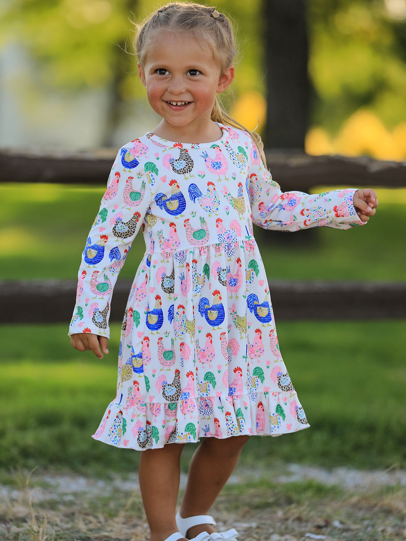 Fall Farm Chicken Print Girls Ruffle Hem Twirl Dress - 4