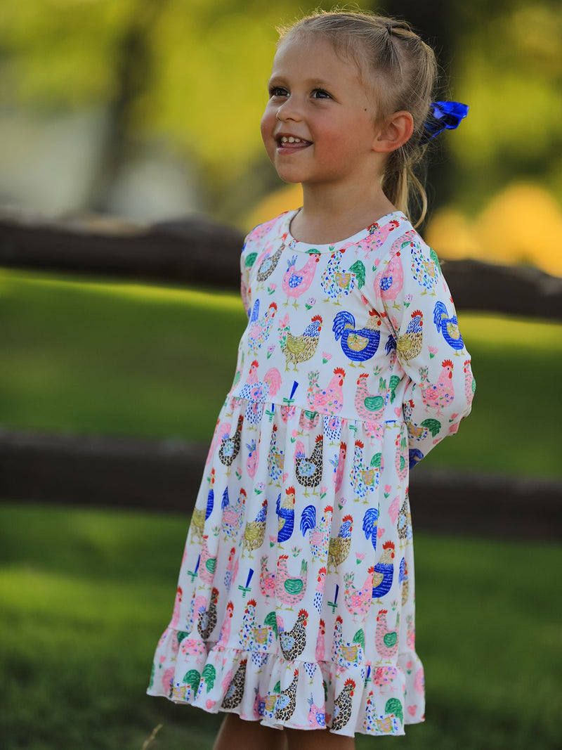 Fall Farm Chicken Print Girls Ruffle Hem Twirl Dress - 5