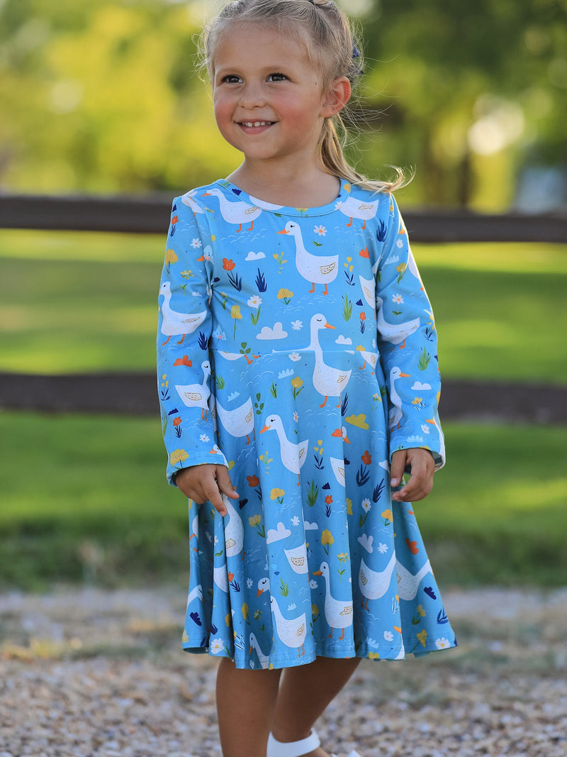 Fall Goose Print Girls Long Sleeve Twirl Dress - 5