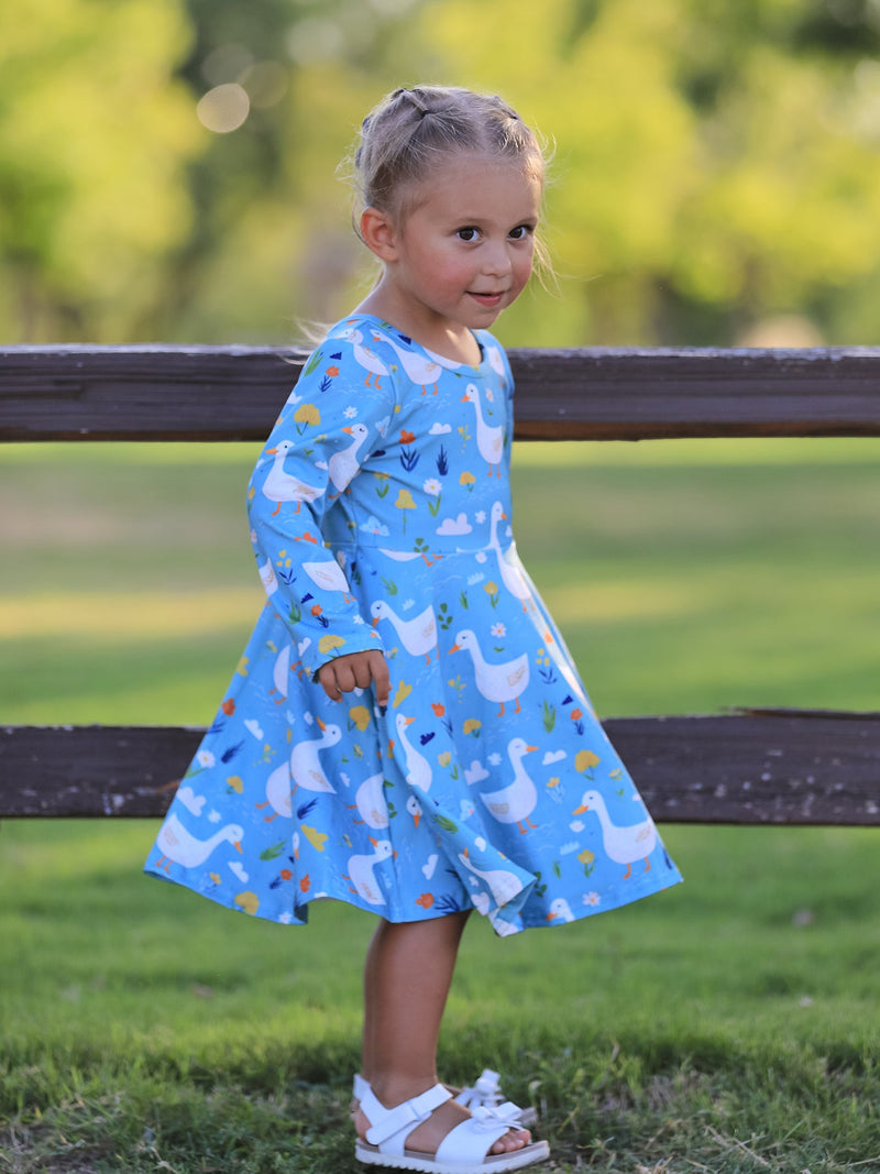 Fall Goose Print Girls Long Sleeve Twirl Dress - 3