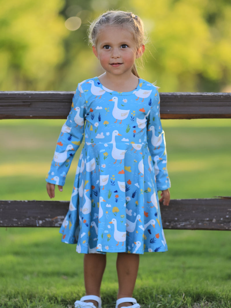 Fall Goose Print Girls Long Sleeve Twirl Dress - 4