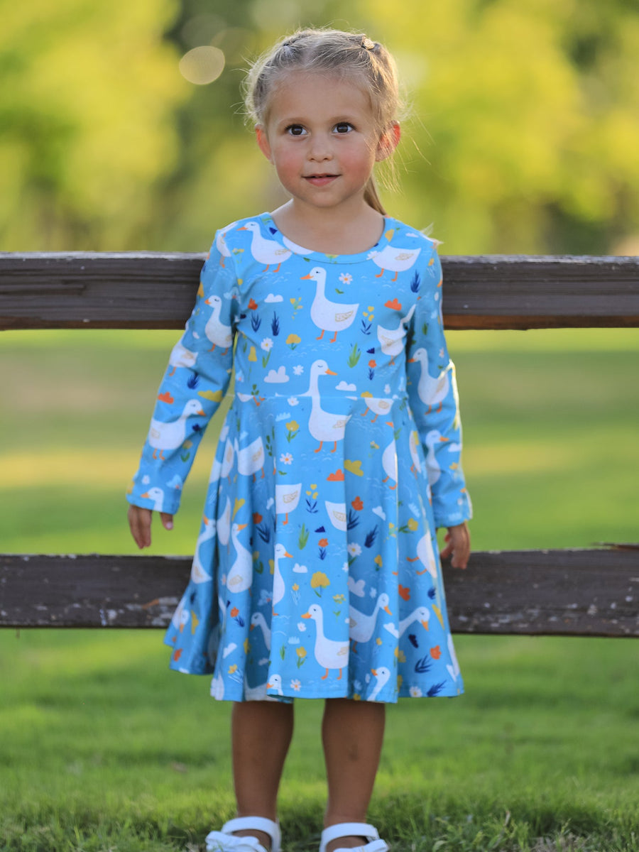 PREORDER Fall Goose Print Girls Long Sleeve Twirl Dress