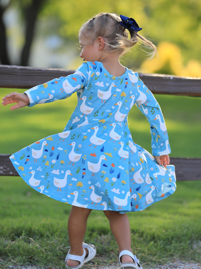 Fall Goose Print Girls Long Sleeve Twirl Dress - 2