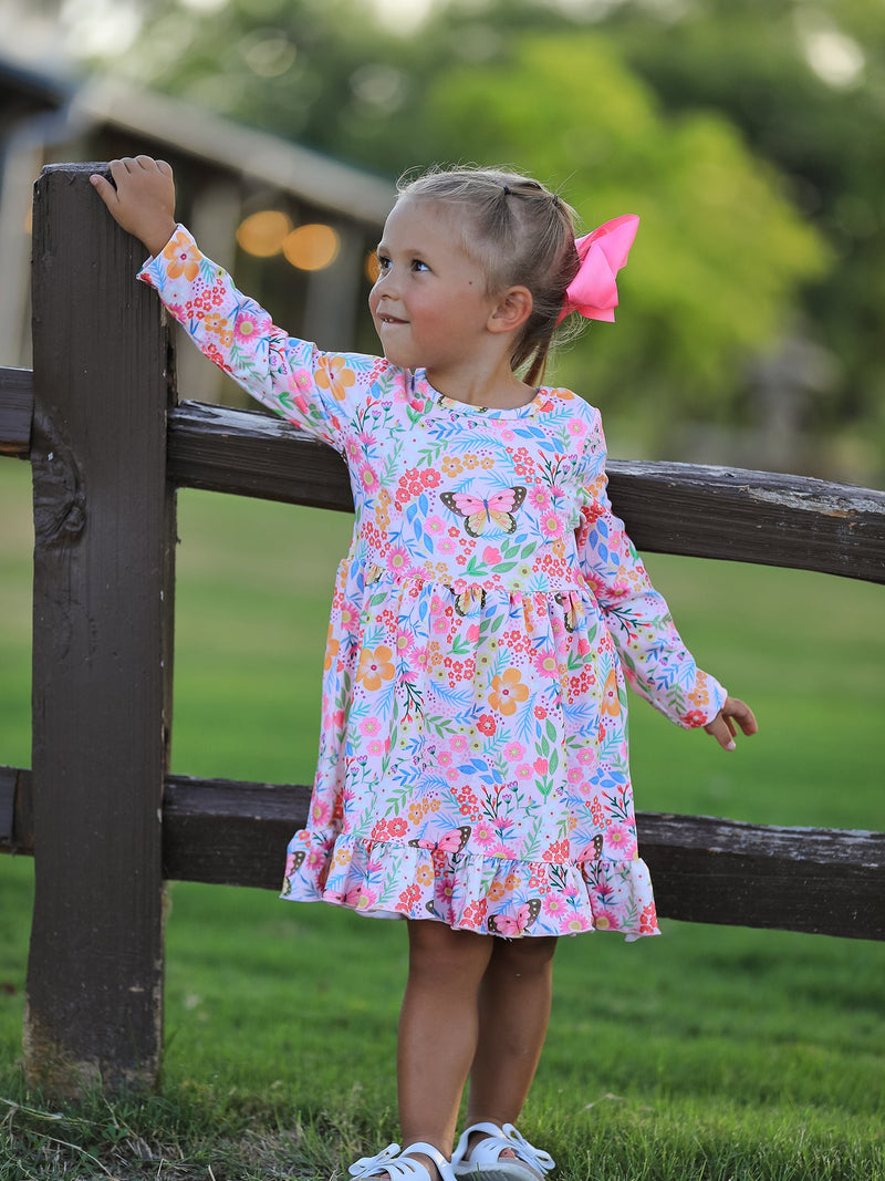 Fall Butterfly Floral Print Girls Ruffle Hem Twirl Dress - 4