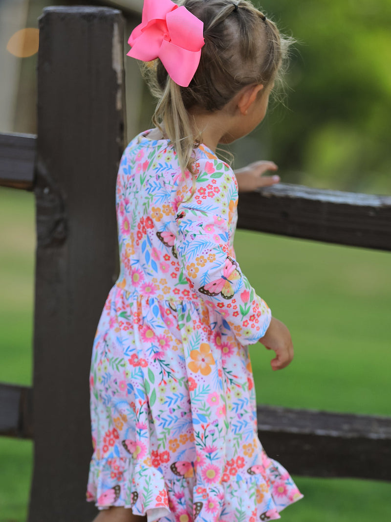 Fall Butterfly Floral Print Girls Ruffle Hem Twirl Dress - 5