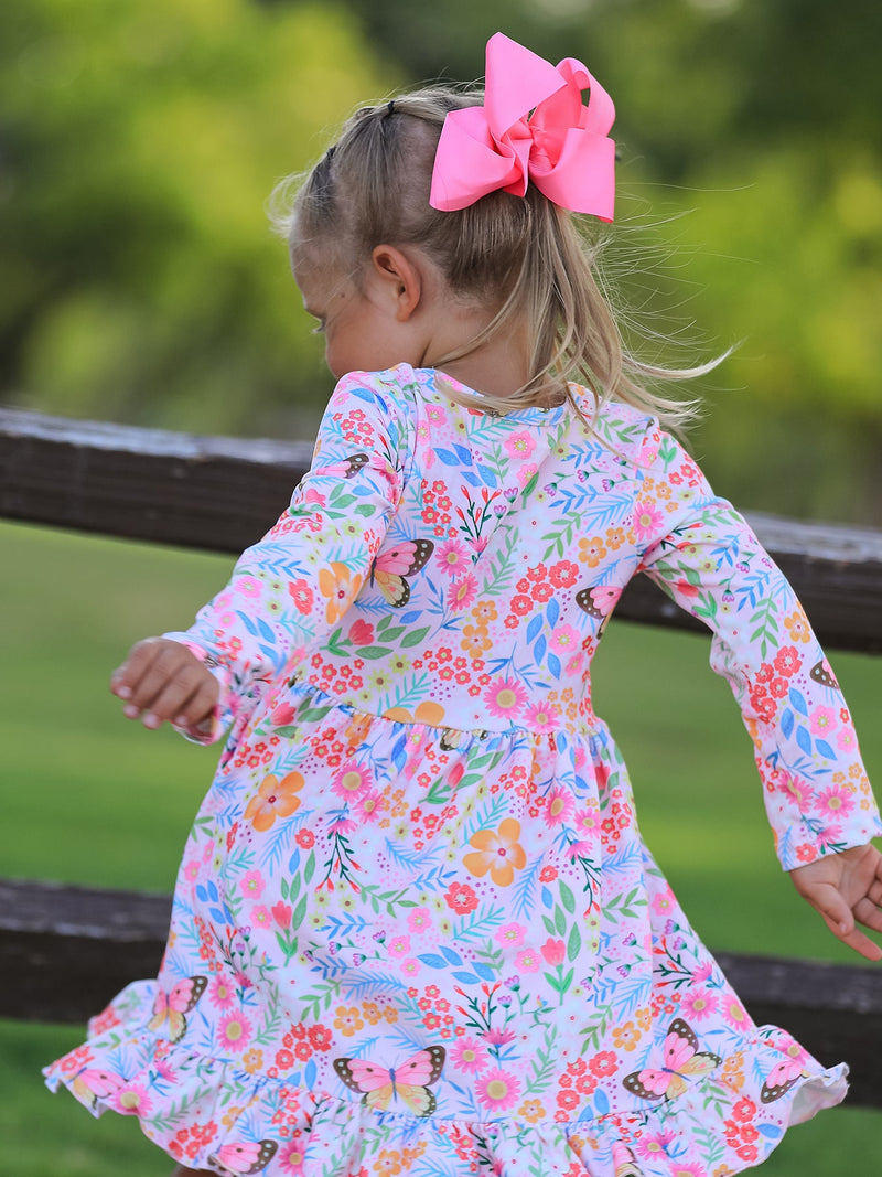Fall Butterfly Floral Print Girls Ruffle Hem Twirl Dress - 3