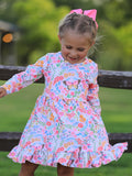 Fall Butterfly Floral Print Girls Ruffle Hem Twirl Dress - 1