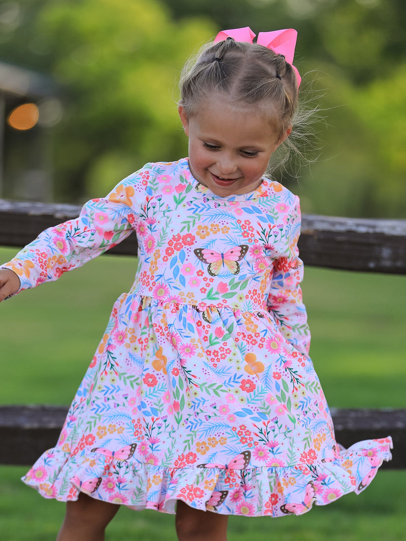 Fall Butterfly Floral Print Girls Ruffle Hem Twirl Dress - 1
