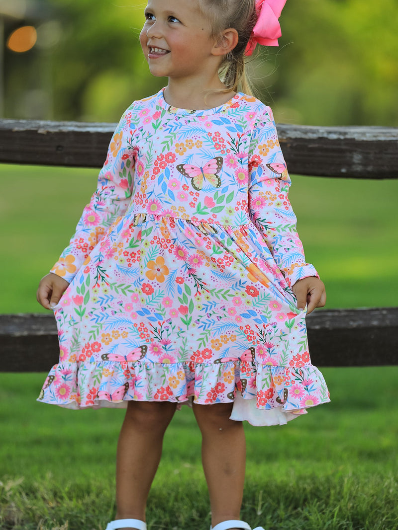 Fall Butterfly Floral Print Girls Ruffle Hem Twirl Dress - 2