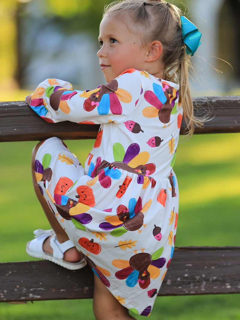 Thanksgiving Turkey Print Girls Dress - 5