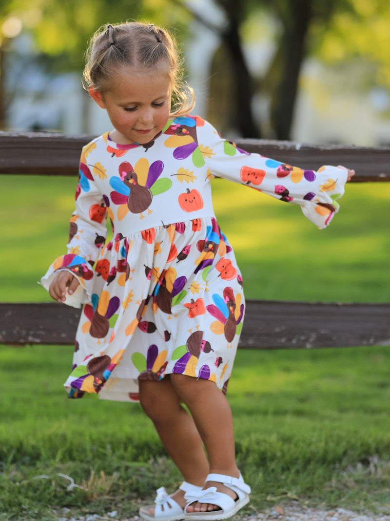 Thanksgiving Turkey Print Girls Dress - 1