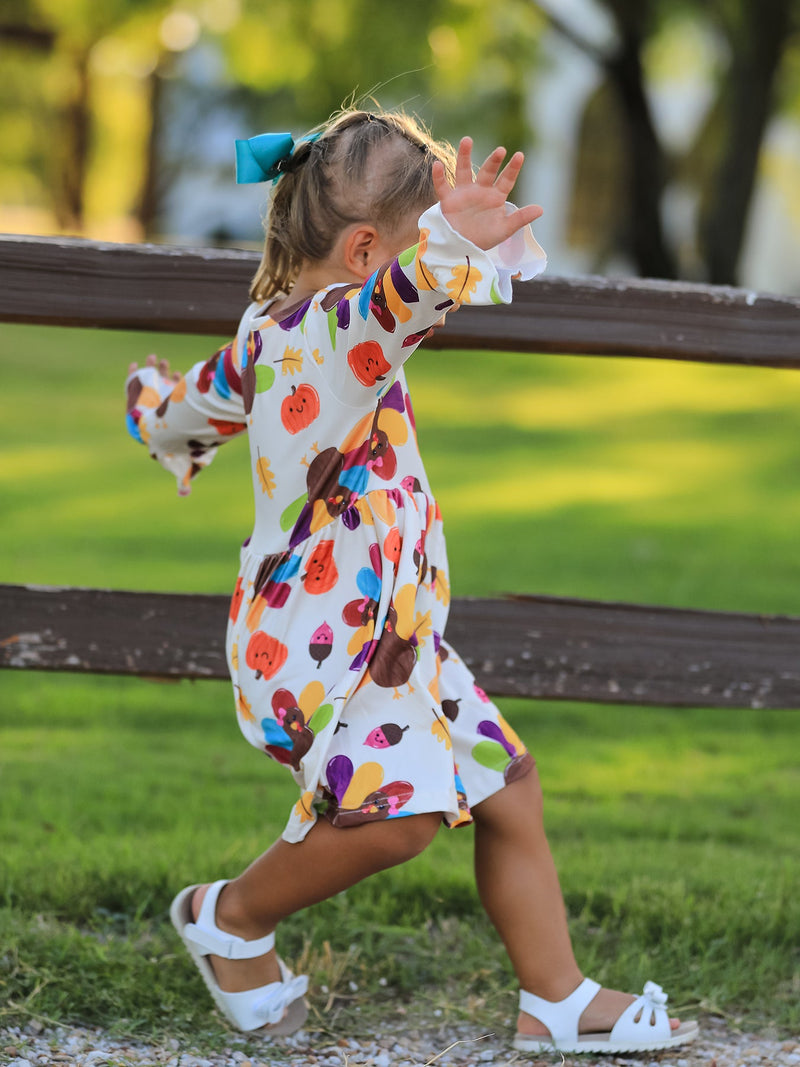Thanksgiving Turkey Print Girls Dress - 3