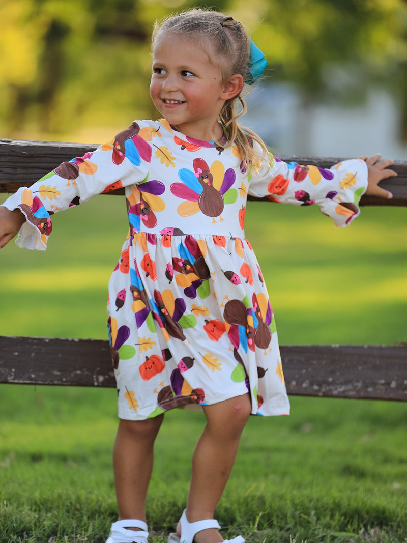 Thanksgiving Turkey Print Girls Dress - 4
