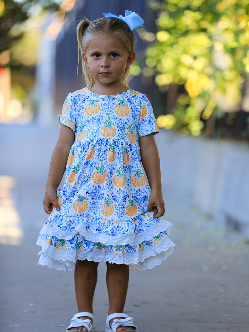 Fall Girls Pumpkin Patch Dress Lace Trim with Pockets - 3