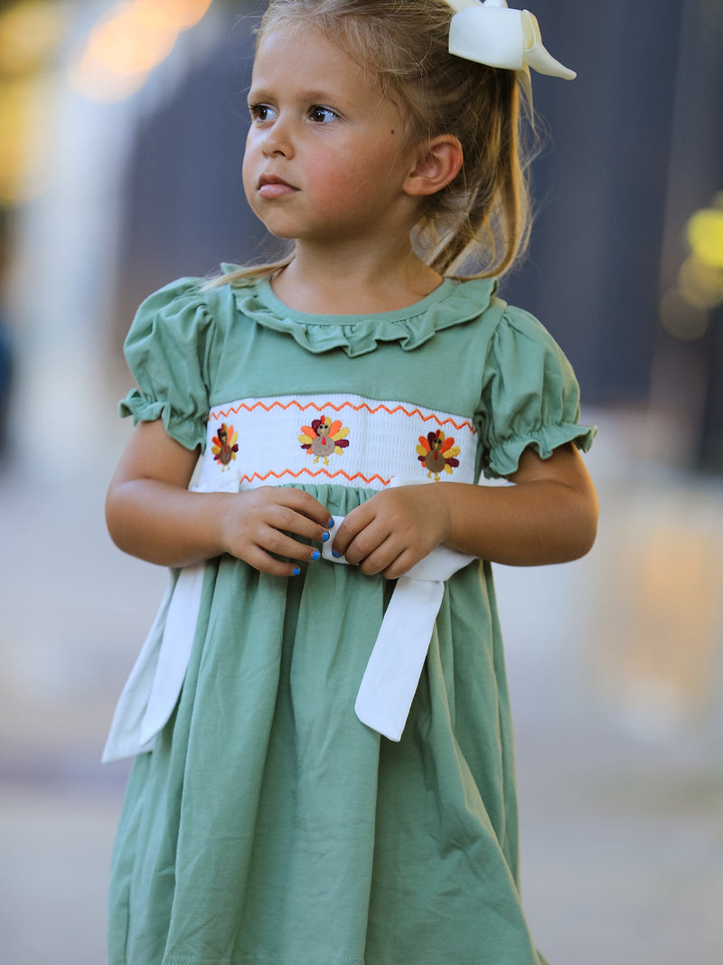 Fall Thanksgiving Chicken Smock Embroidered Green  Baby Girl Dress - 1