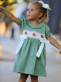 Fall Thanksgiving Chicken Smock Embroidered Green  Baby Girl Dress - 4