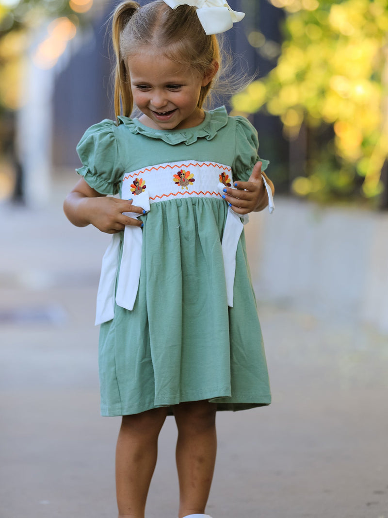 Fall Thanksgiving Chicken Smock Embroidered Green  Baby Girl Dress - 6