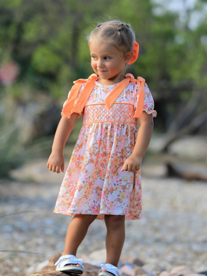 Peach Bow Smocked Floral Girl Dress - 1