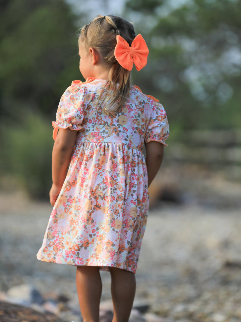 Peach Bow Smocked Floral Girl Dress - 4