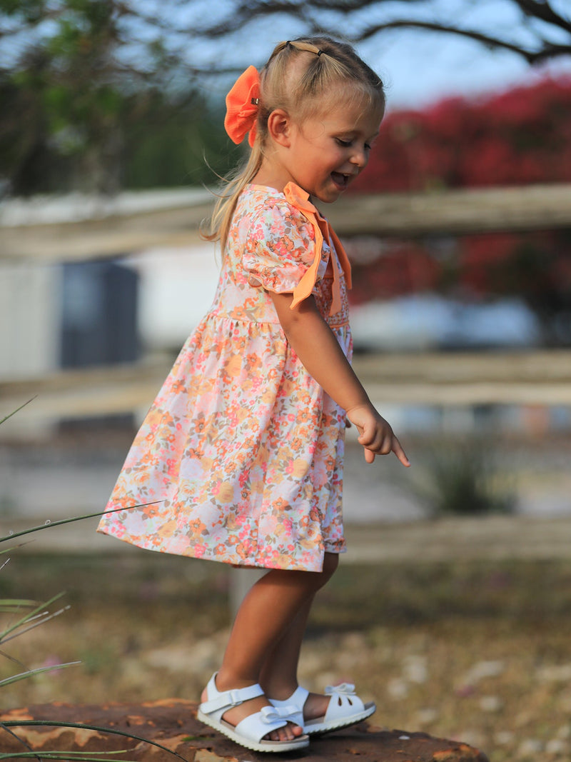 Peach Bow Smocked Floral Girl Dress - 5