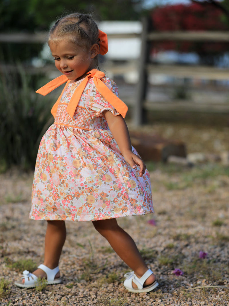Peach Bow Smocked Floral Girl Dress - 2