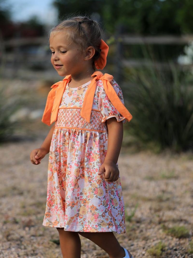 Peach Bow Smocked Floral Girl Dress - 6