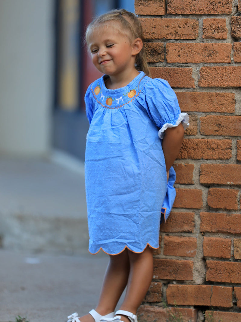 Blue Fall Thanksgiving&Halloween Pumpkin Smock Embroidery Lace Baby Girl Dress - 2