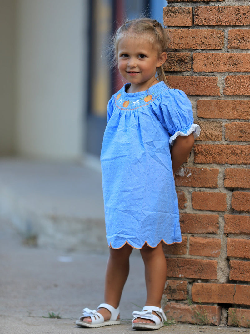 Blue Fall Thanksgiving&Halloween Pumpkin Smock Embroidery Lace Baby Girl Dress - 1