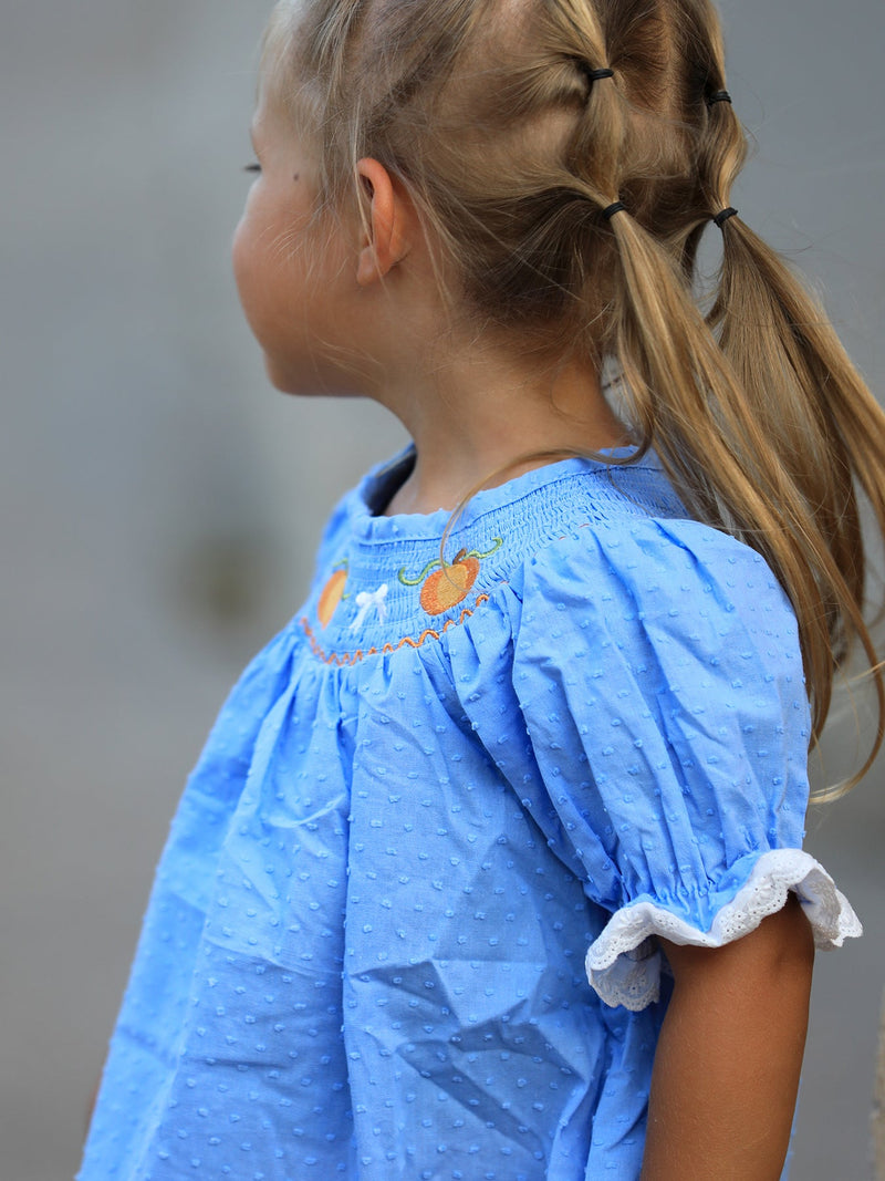 Blue Fall Thanksgiving&Halloween Pumpkin Smock Embroidery Lace Baby Girl Dress - 4