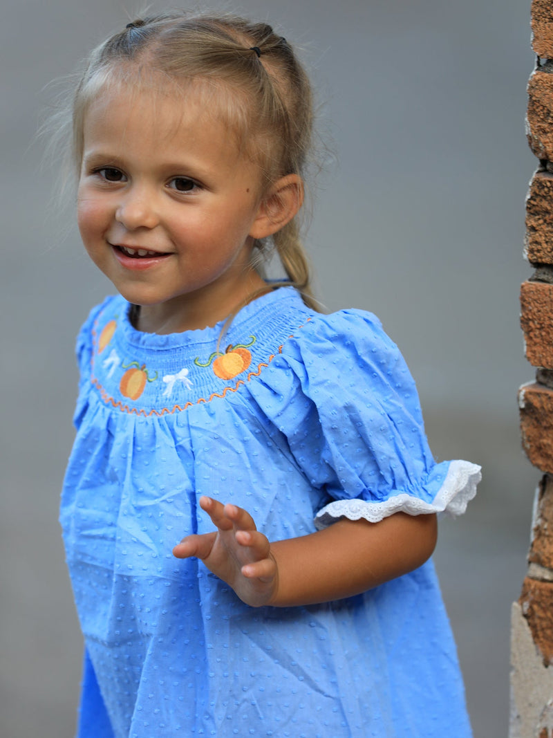 Blue Fall Thanksgiving&Halloween Pumpkin Smock Embroidery Lace Baby Girl Dress - 5