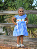 Fall Thanksgiving& Halloween Blue Pumpkin Smock Embroidery Baby Girl Dress - 2