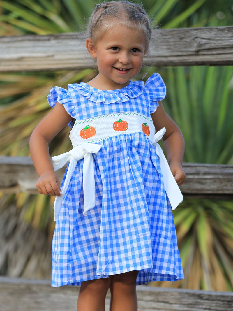 Fall Thanksgiving& Halloween Blue Pumpkin Smock Embroidery Baby Girl Dress - 1