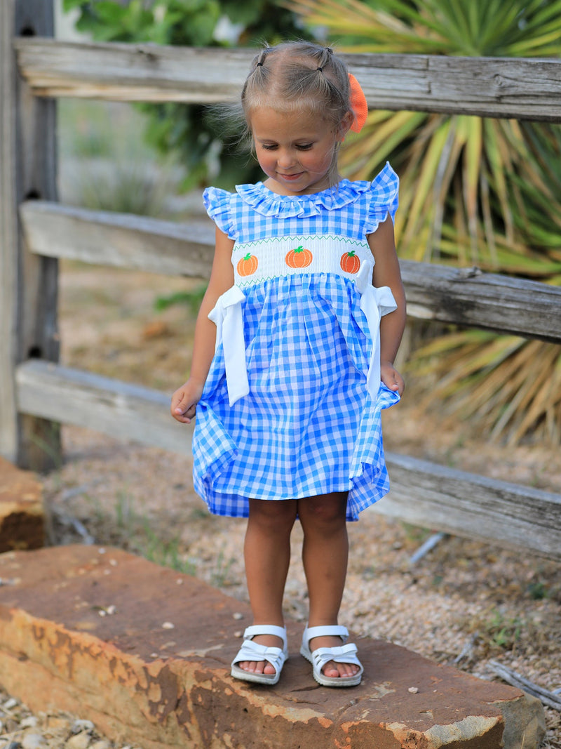 Fall Thanksgiving& Halloween Blue Pumpkin Smock Embroidery Baby Girl Dress - 3