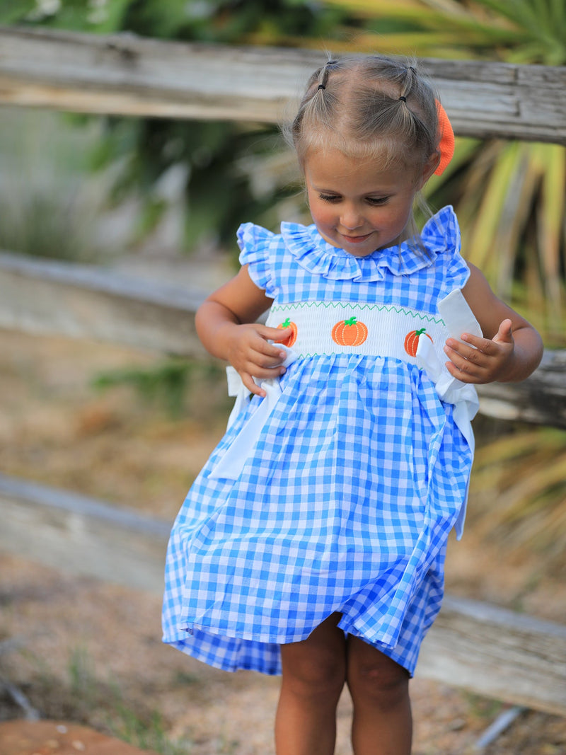Fall Thanksgiving& Halloween Blue Pumpkin Smock Embroidery Baby Girl Dress - 4