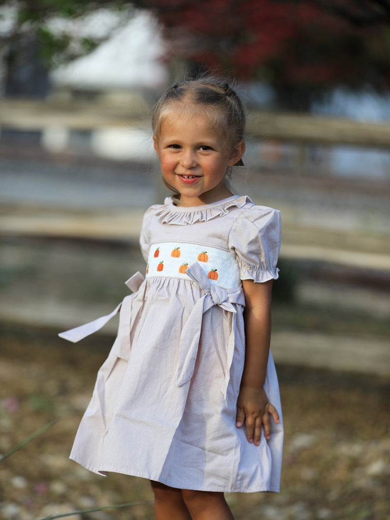 Fall Thanksgiving Pumpkin Embroidery Smock Plaid Girls Dress - 5