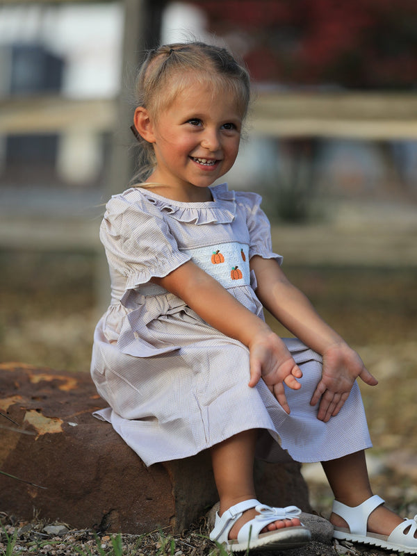 Fall Thanksgiving Pumpkin Embroidery Smock Plaid Girls Dress