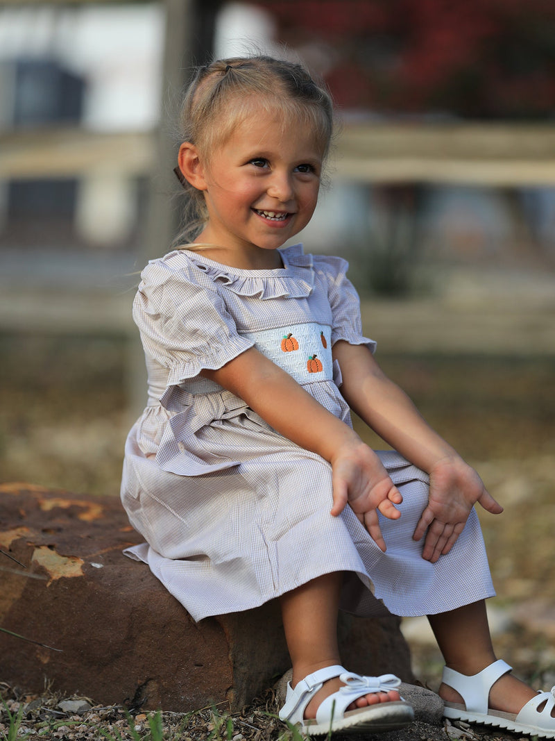 Fall Thanksgiving Pumpkin Embroidery Smock Plaid Girls Dress - 4