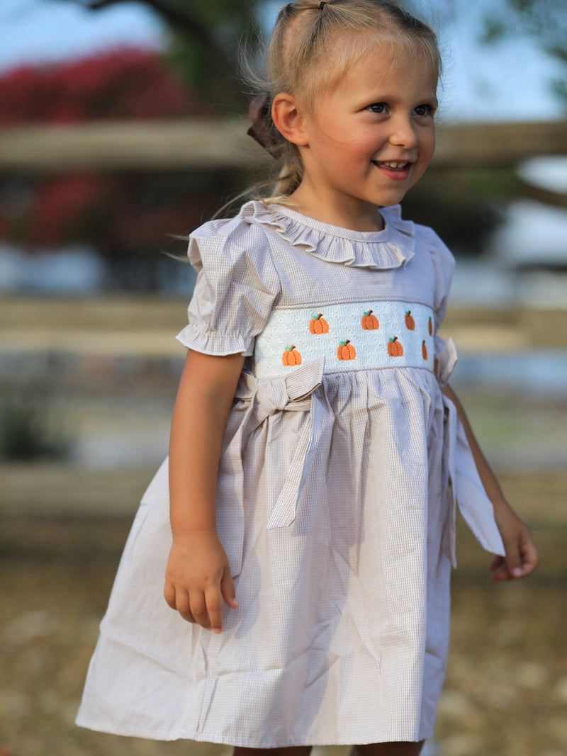 Fall Thanksgiving Pumpkin Embroidery Smock Plaid Girls Dress - 3