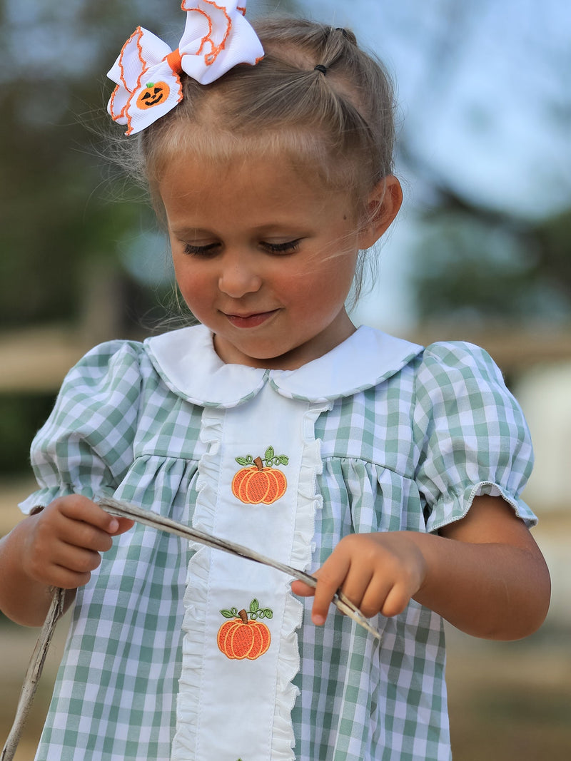 Fall Halloween & Thanksgiving Pumpkin Applique Plaid Green Girls Dress - 2