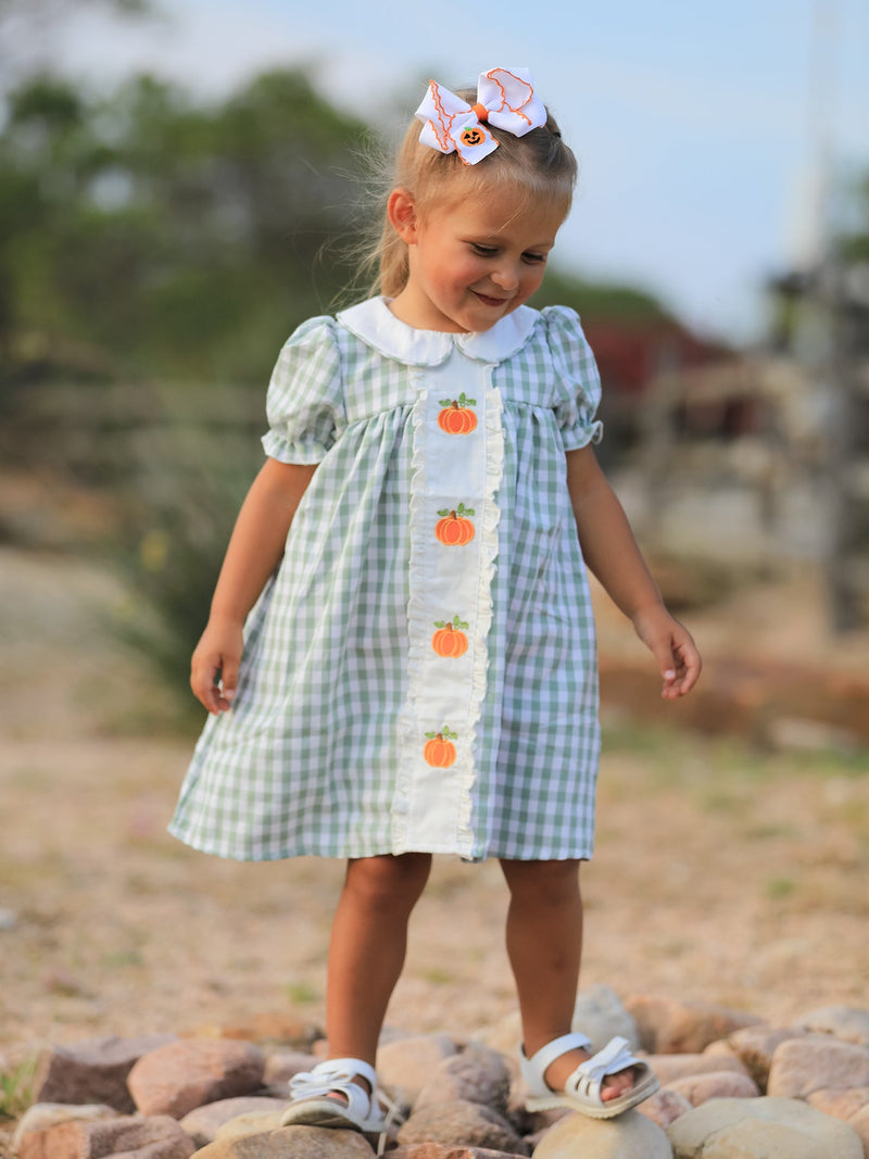 Fall Halloween & Thanksgiving Pumpkin Applique Plaid Green Girls Dress - 1
