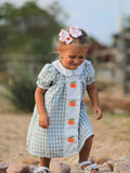 Fall Halloween & Thanksgiving Pumpkin Applique Plaid Green Girls Dress - 3