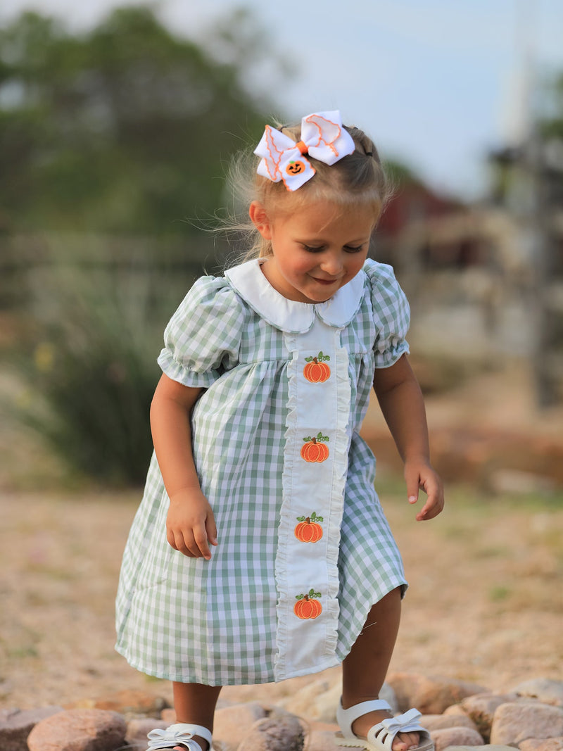 Fall Halloween & Thanksgiving Pumpkin Applique Plaid Green Girls Dress - 3