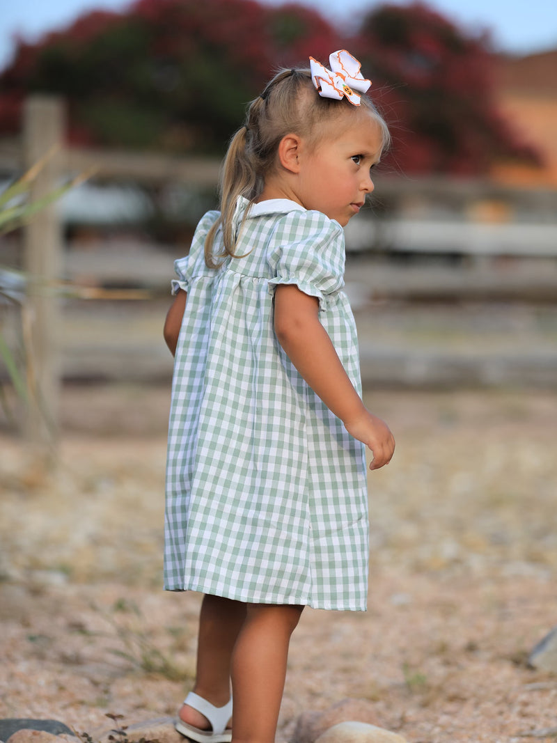 Fall Halloween & Thanksgiving Pumpkin Applique Plaid Green Girls Dress - 4