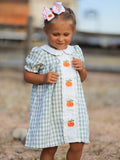 Fall Halloween & Thanksgiving Pumpkin Applique Plaid Green Girls Dress - 5