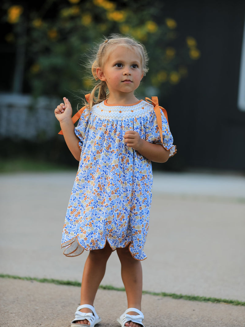 Fall Floral Smocked Girls Dress - 3